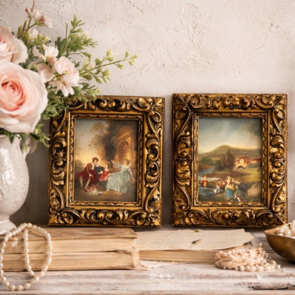 Vintage Italian Florentine Ornate Gold Wood Mini Frame Matching Set Pastoral Art